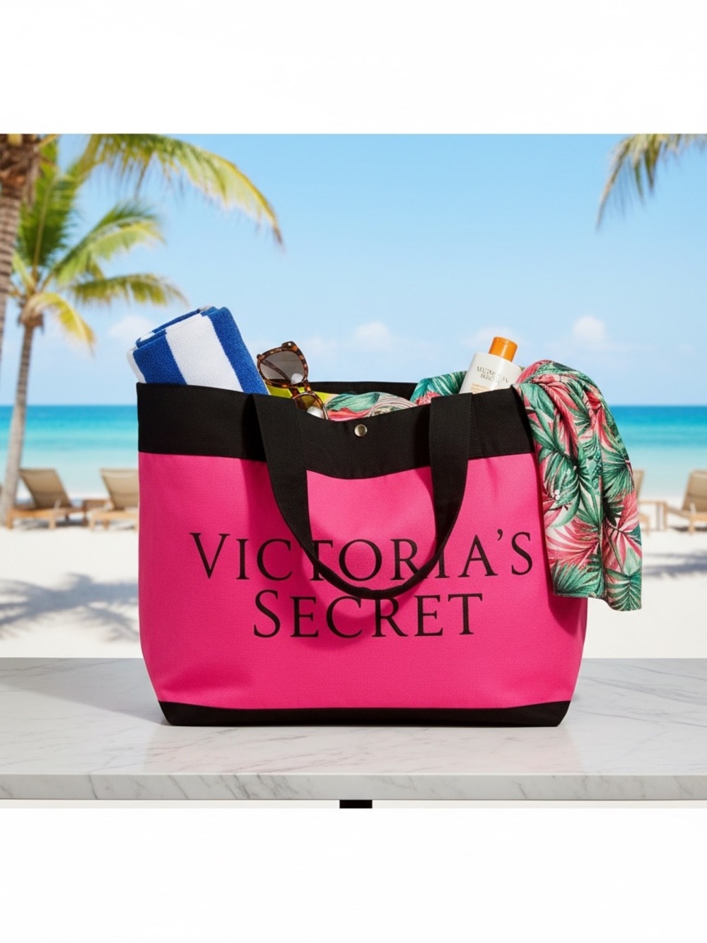 Victoria's Secret LARGE Canvas Hot Pink & Red Tote with Black Trim